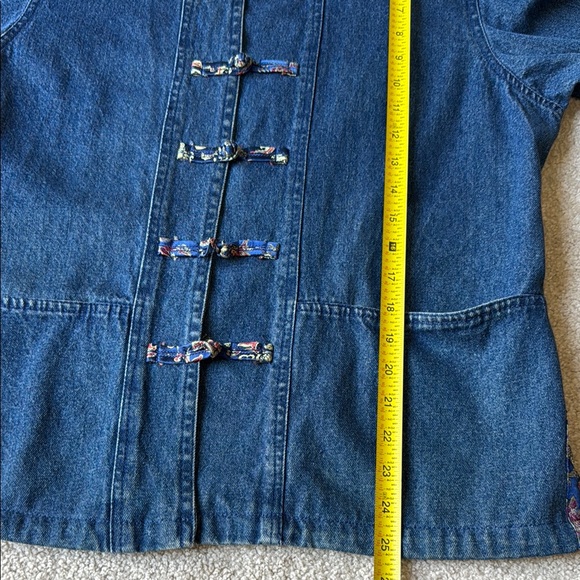 Denim Women's Jacket with embroidery Asian knotted buttons & Floral Accents - Picture 12 of 15